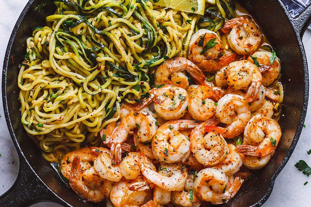 Low carb one pan meals, Garlic Butter Shrimp With Zucchini Noodles